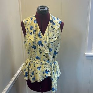 Feminine yellow and blue wrap top from The Limited
